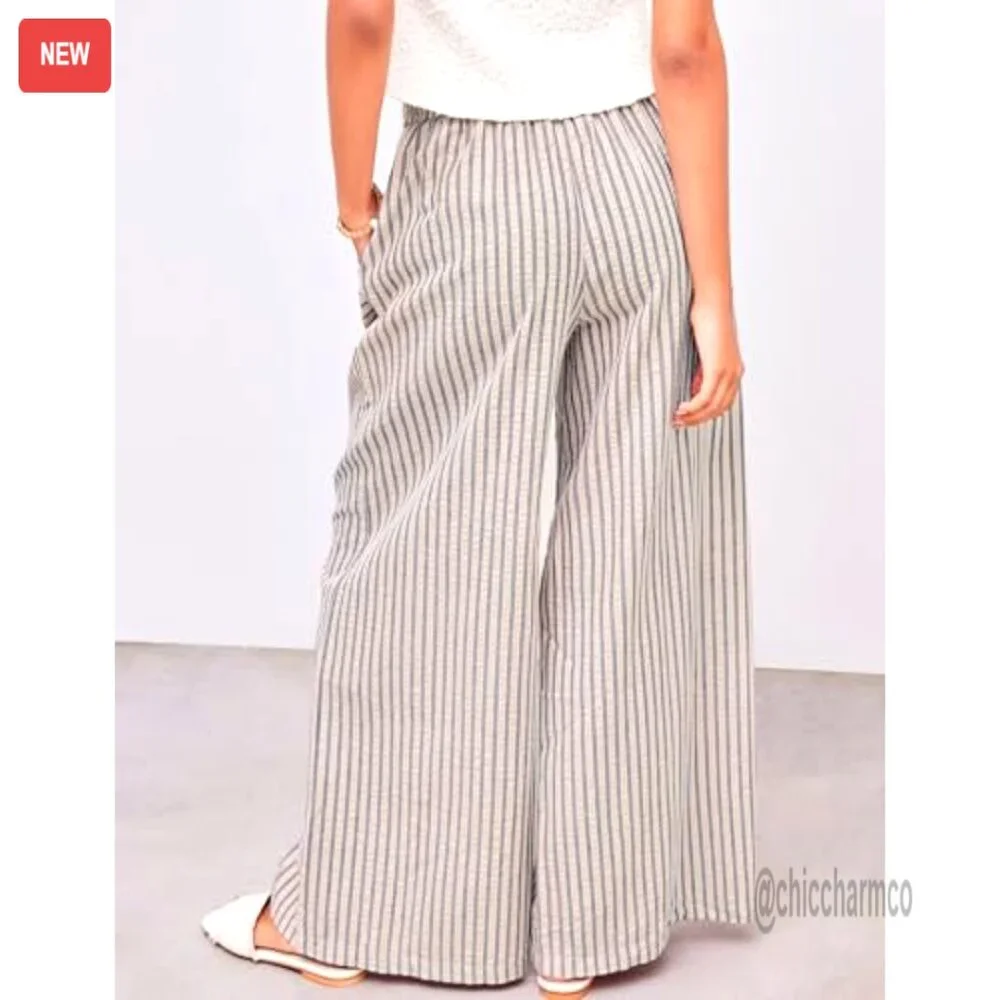 Wide Leg Palazzo Pants with Drawstring Waist and Pockets, Cotton - Picture 4 of 7